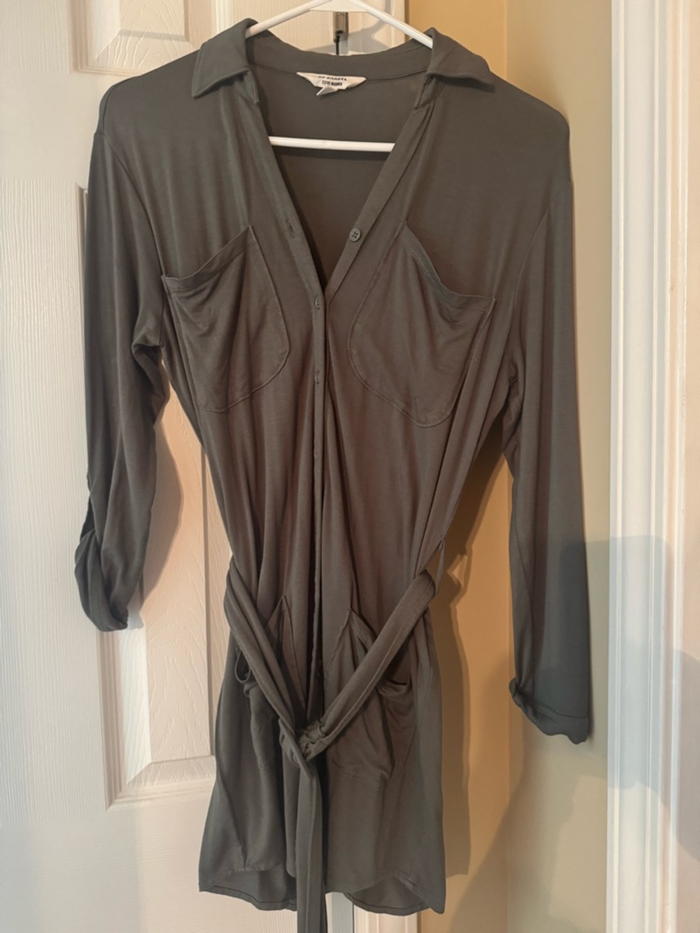 BB Dakota Olive Button-Front Shirt Dress with Tie Waist